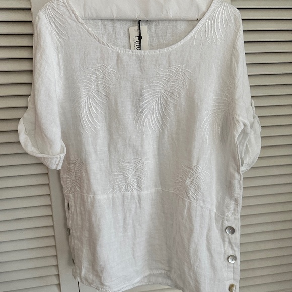 Lungo L’Arno Tops - Lungo L'Arno Linen Blouse Short Sleeve Tropical Palm Embroidery Side Buttons
